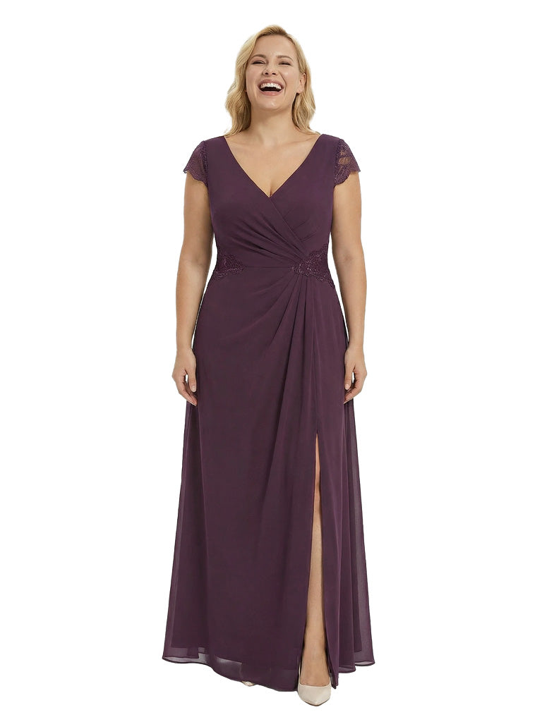 Elegant V-Neck Cap Sleeves Chiffon Sheath Mother Of The Bride Dress With Side Slit