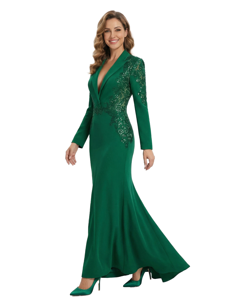 Chicsew Fancy Long Sleeve Satin Mother of The Groom Dress Sequin Lace Accents Fitted Mermaid Elegant Formal Gown
