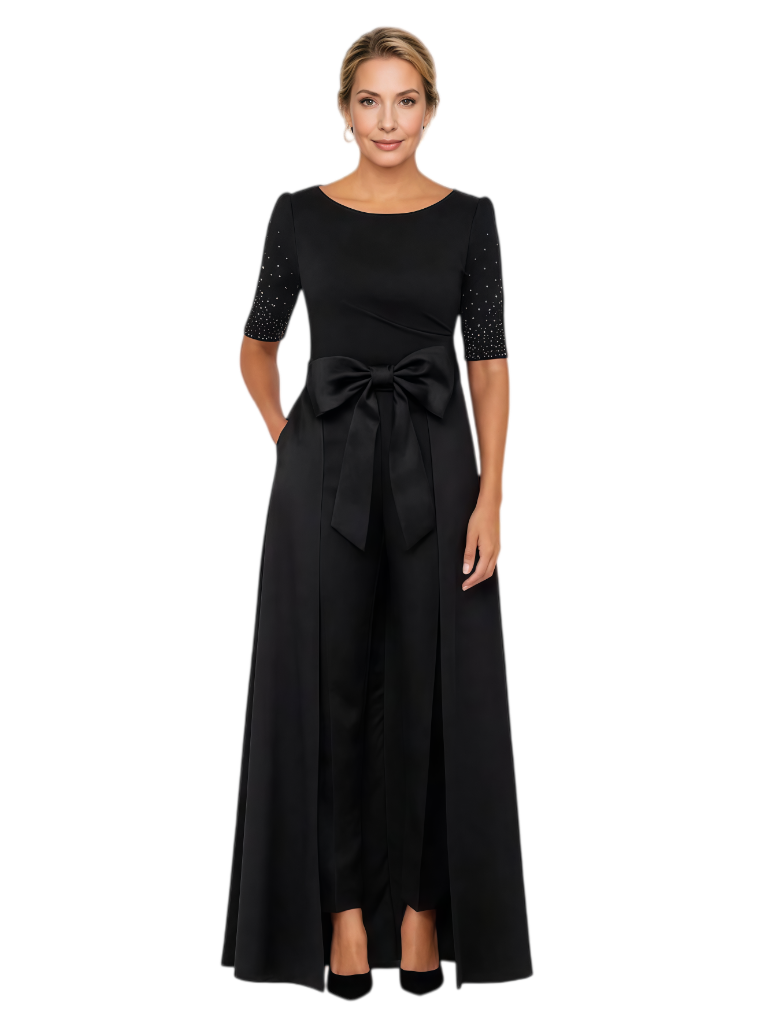Elegant Half Sleeves Bow Knot Satin Pantsuit A-Line Mother Of The Bride Dresses Overskirt