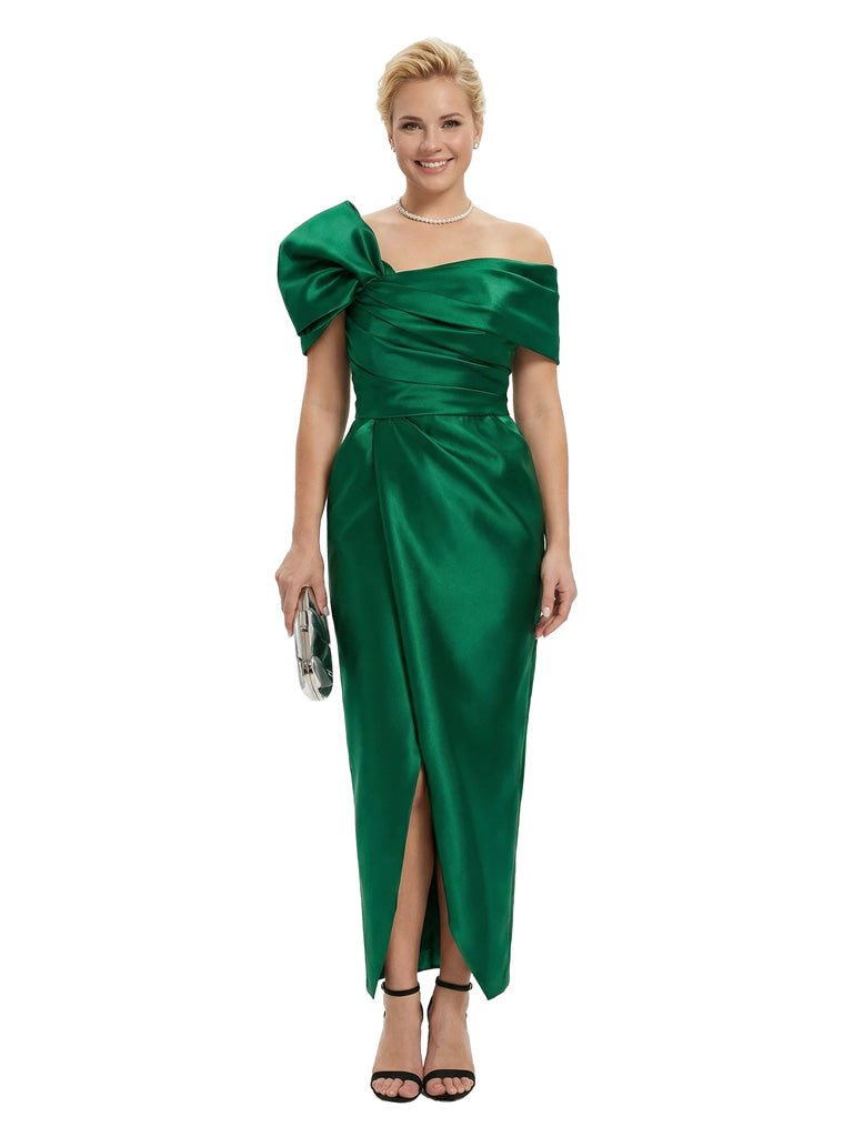 Chic Asymmetrical Neckline Ruched Satin Mermaid Dress For Mother Of The Bride