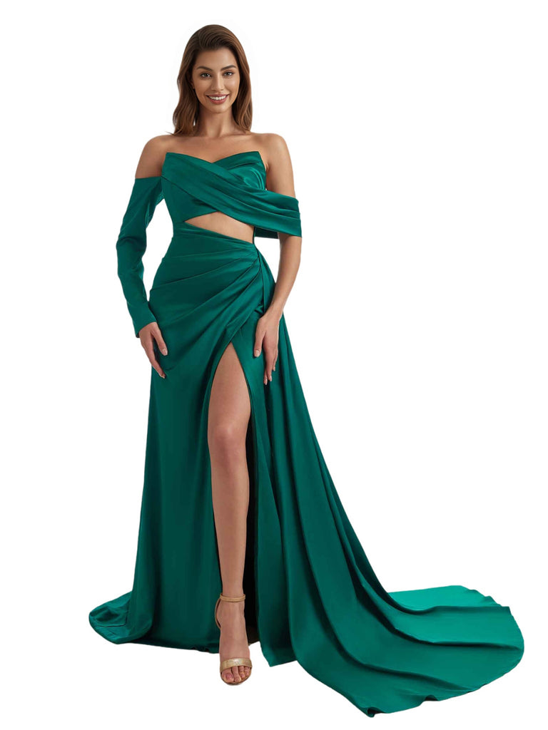 Unique Asymmetric Off The Shoulder Mermaid Satin Long Bridesmaid Dresses Online Slit