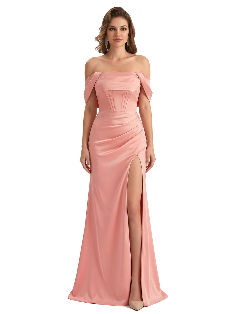 Sexy Off The Shoulder Silky Satin Mermaid Maxi Formal Dresses For Women With Boning Slit