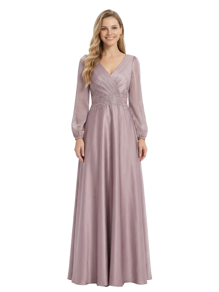 Chicsew Mother of The Groom Dresses V-Neck Long Sleeve Satin Maxi Gown Pretty Lace Detailed Formal Bridal Event Dress