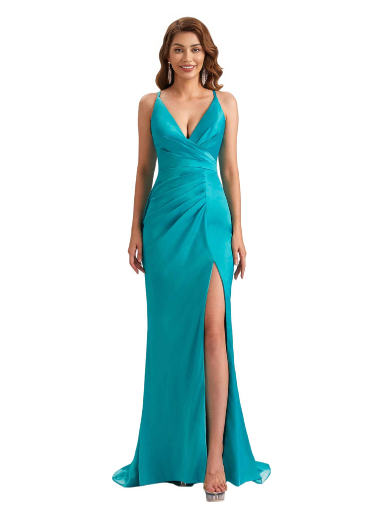 Sexy V-Neck Spaghetti Straps Mermaid Side Slit Silky Satin Long Bridesmaid Dresses Online