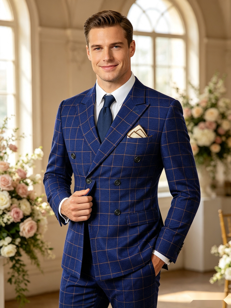 Classic 1 Piece Royal Blue Men's Suit with Regular Fit and Sophisticated Peak Lapel Vertical Strips