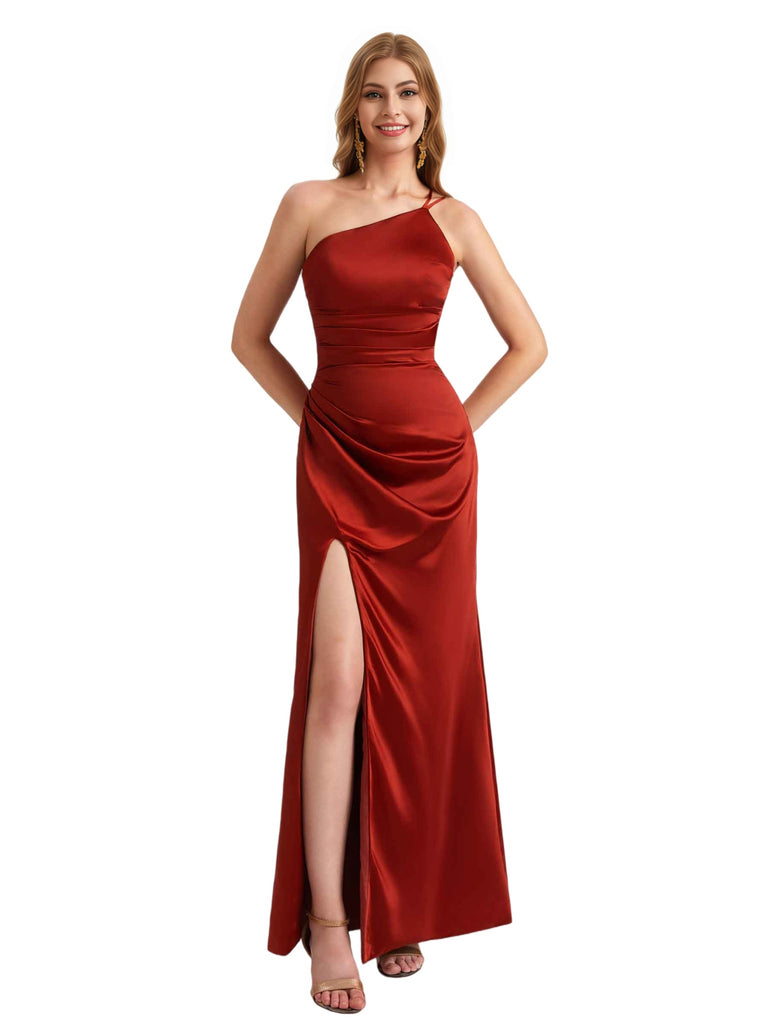 Modern One Shoulder Silky Satin Mermaid Long Bridesmaid Dresses Side Split