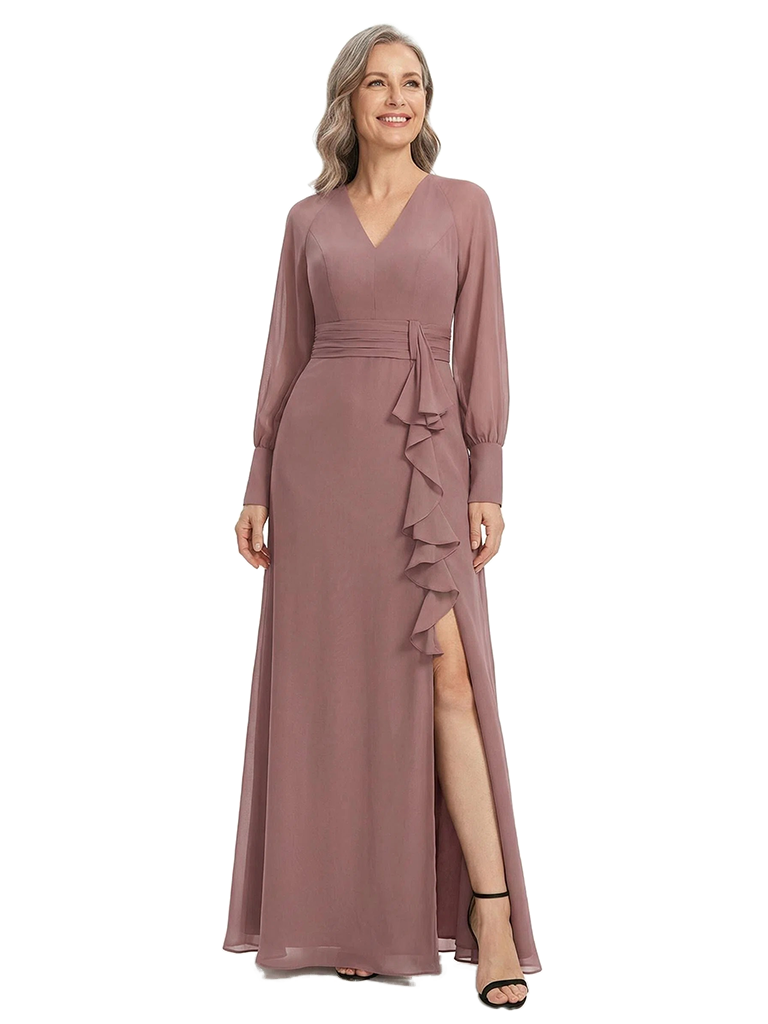 ChicSew Pretty Long Sleeves V-Neck Chiffon Ruffle Side Slit A-Line Mother Of The Bride Dresses