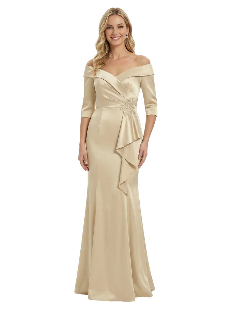 Off The Shoulder Ruffles Satin Mother Of The Groom Dress 3/4 Sleeves Mermaid Maxi Gown