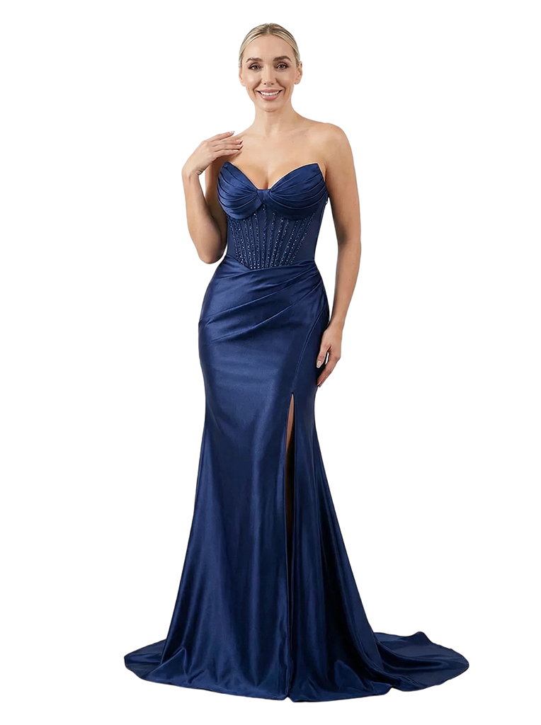 Modern Strapless Satin Prom Dress Side Slit Corset Mermaid Floor Length Prom Gown