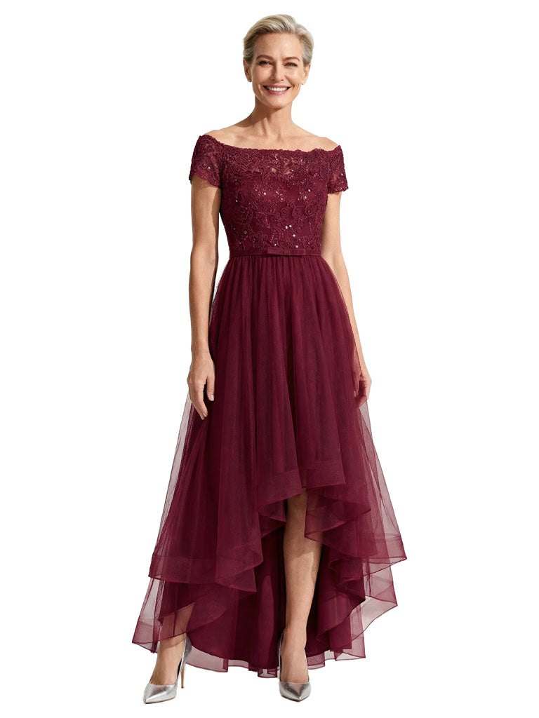 Beautiful Off Shoulder Lace Mother of The Bride Dress High-Low Tulle Gown for Wedding