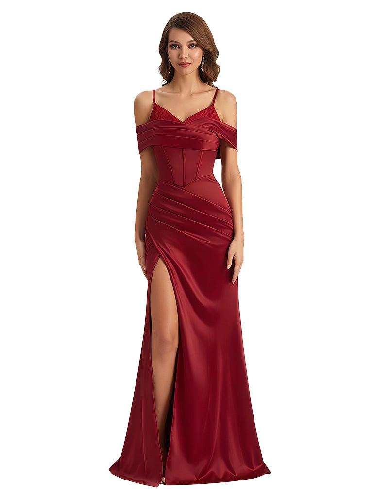Sexy Cold Shoulder Mermaid Silky Satin Maxi Evening Gowns For Ladies With Bonings Side Slit