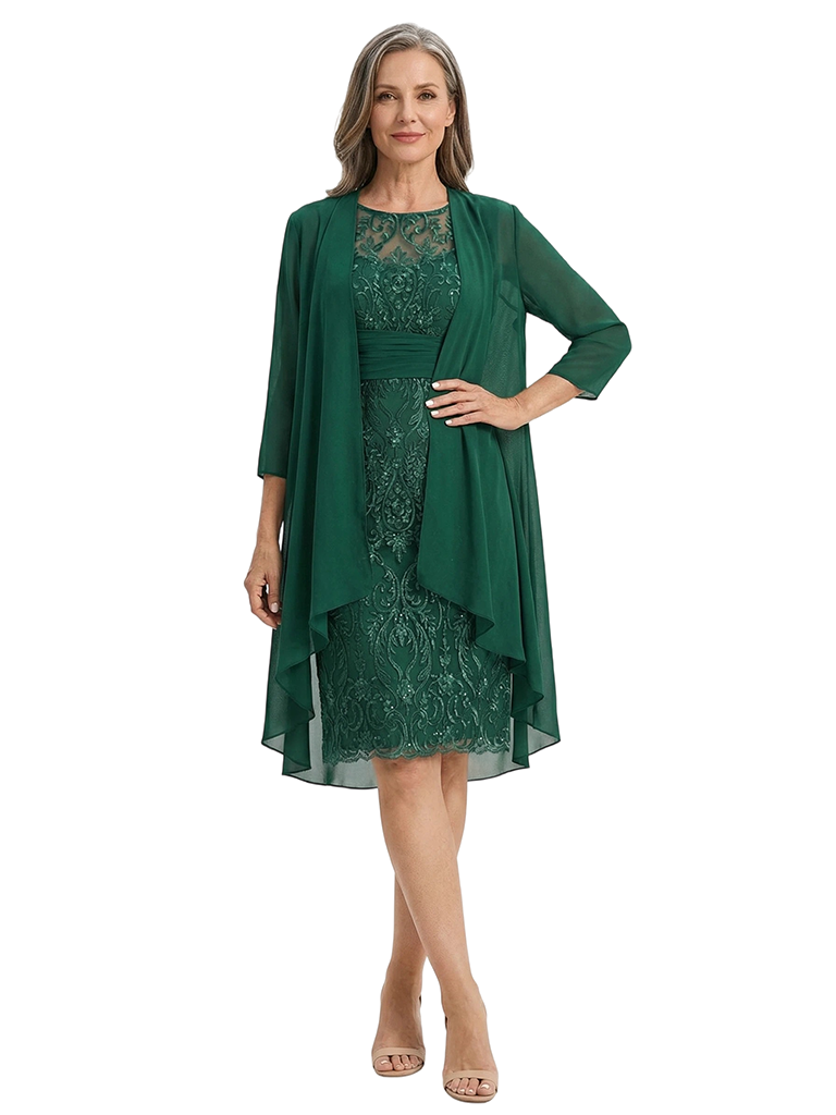 ChicSew Round Neck Lace Short Mother of The Bride Dress and Jacket Formal Wedding Attire