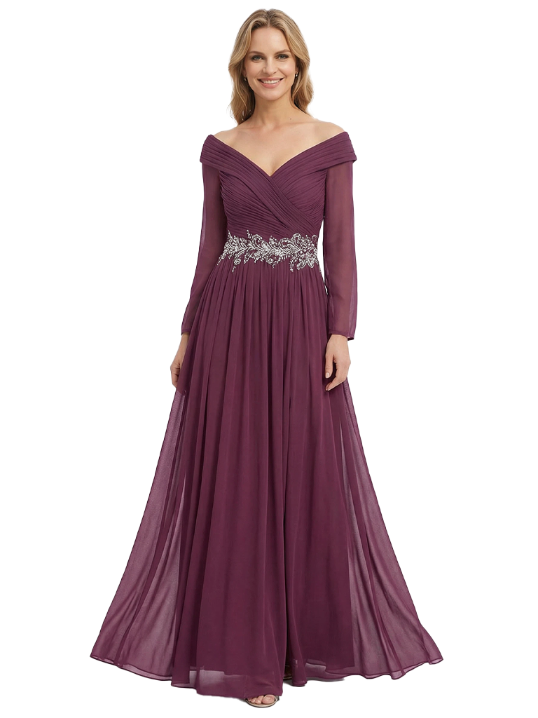 Chicsew V-Neck Long Sleeves Mother Of The Bride Dress Ruched Chiffon A-Line Gown