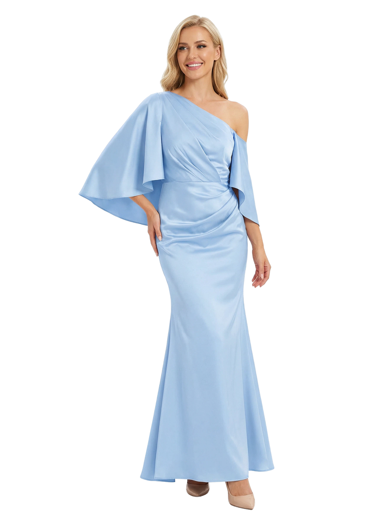 Chicsew Elegant Asymmetric Half Sleeves Satin Mermaid Mother Of The Bride Dresses