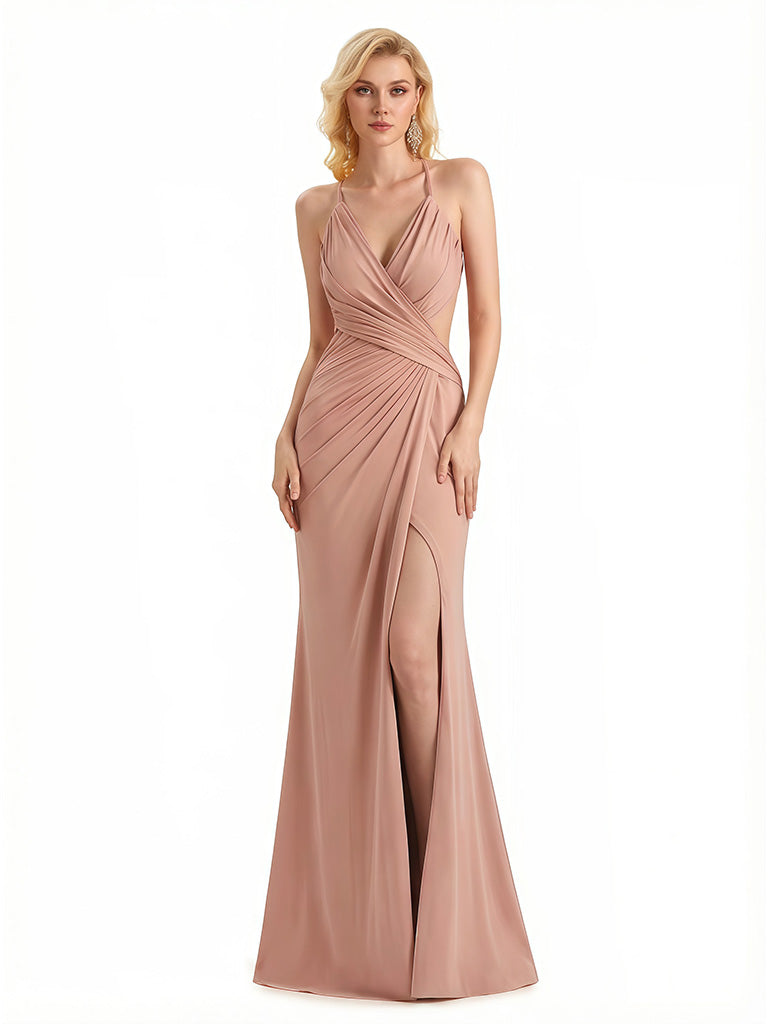 Sexy V-Neck Mermaid Jersey Long Formal Dresses For Women Spaghetti Straps Side Slit