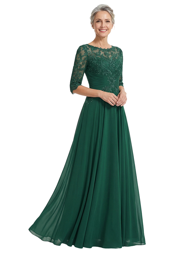 ChicSew Jewel Half Sleeve Lace Applique Ruched A-Line Floor Length Chiffon Fancy Mother of the Bride Dresses