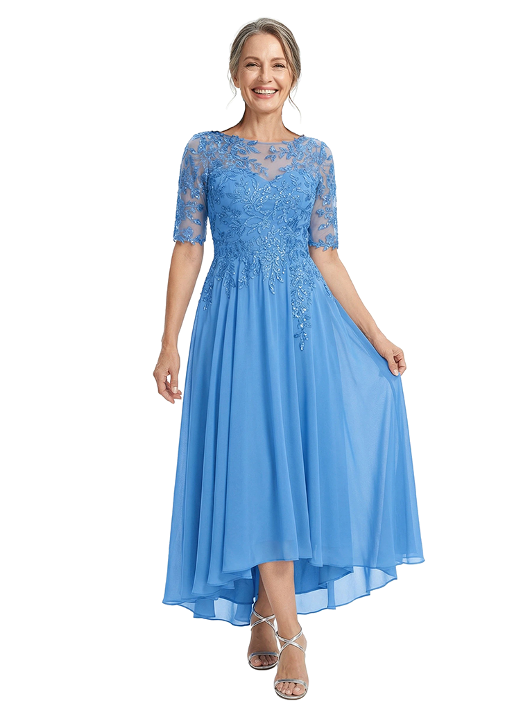 ChicSew Illusion Short Sleeve Beaded Lace Applique A Line High Low Midi Length Chiffon Modern Mother of the Bride Dresses