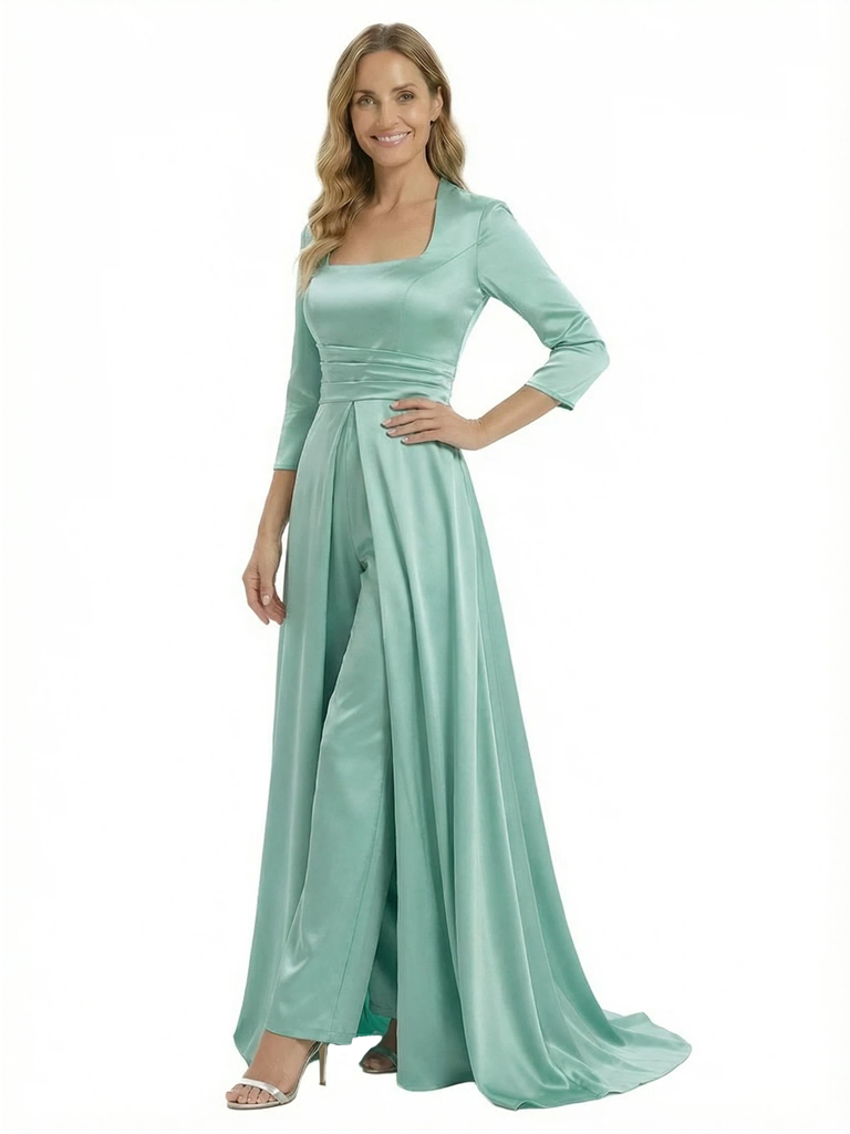 Chicsew Mother of The Groom Pantsuit Overskirt Stylish Square Long Sleeves Satin Long Gown