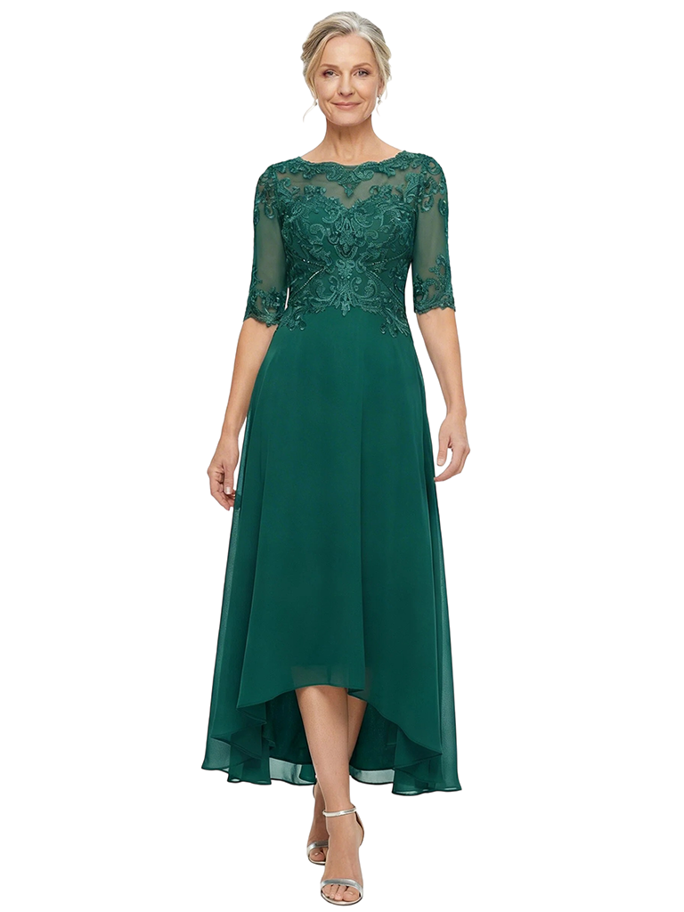 ChicSew Elegant Chiffon Lace Illusion High Low Half Sleeves A-Line Mother Of The Groom Dress