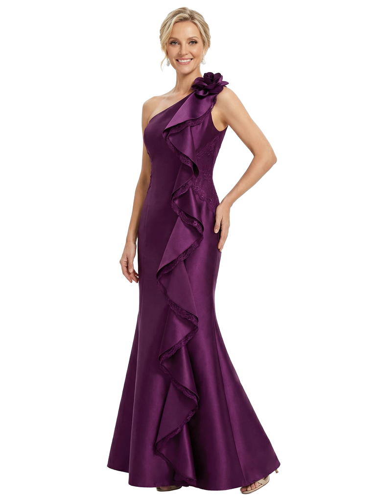 Chicsew Morden One Shoulder Lace Appliques Ruffle Satin Mermaid Mother of The Bride Dresses