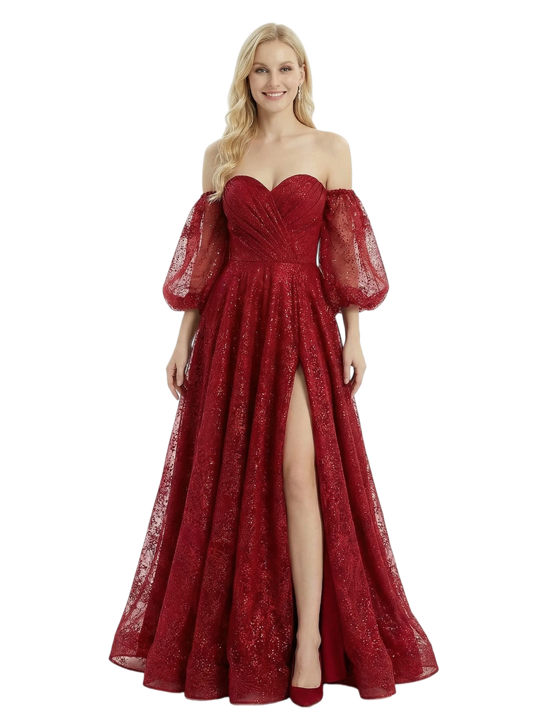 ChicSew Sexy Sweetheart Short Sleeves Side Slit Ruched Prom Gown Glitter Formal Dresses