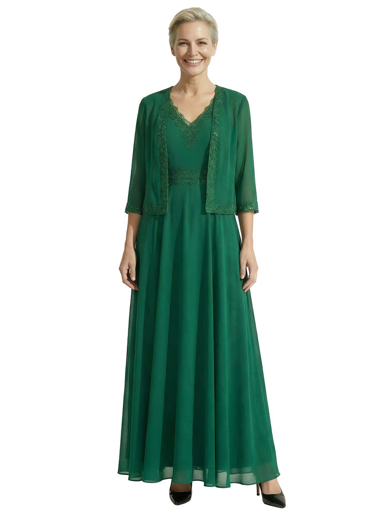 Timeless 2 Piece V-neck A-Line Chiffon Mother Of The Bride Dress With Jacket