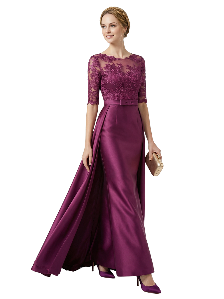 Chicsew Elegant Illusion Half Sleeve Lace Satin Mother of The Bride Dress Overskirt Long Mermaid Glamorous Gown