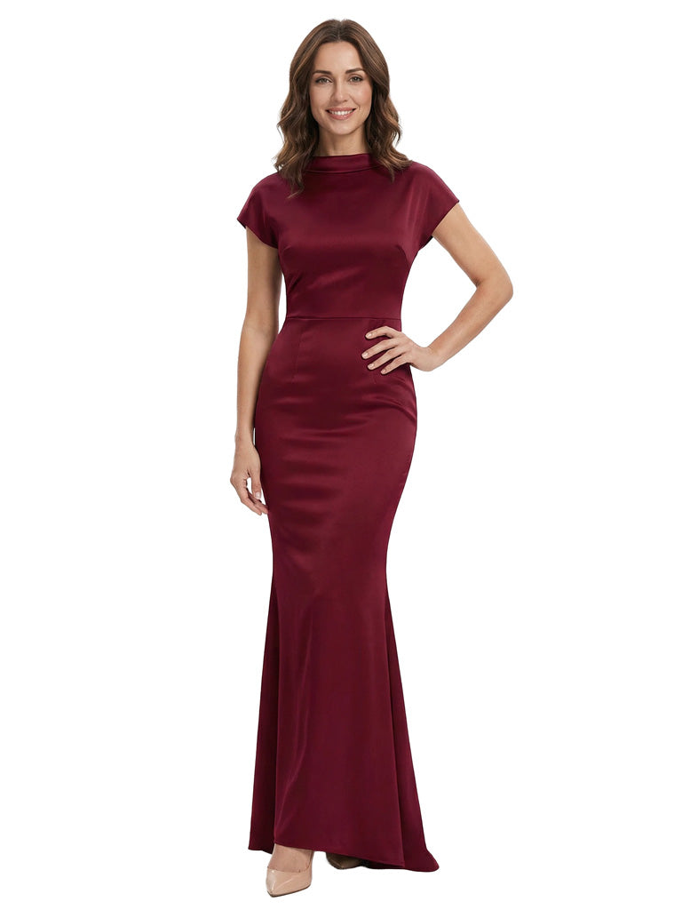 Elegant High Neck Cap Sleeves Satin Mother Of The Bride Mermaid Evening Gown