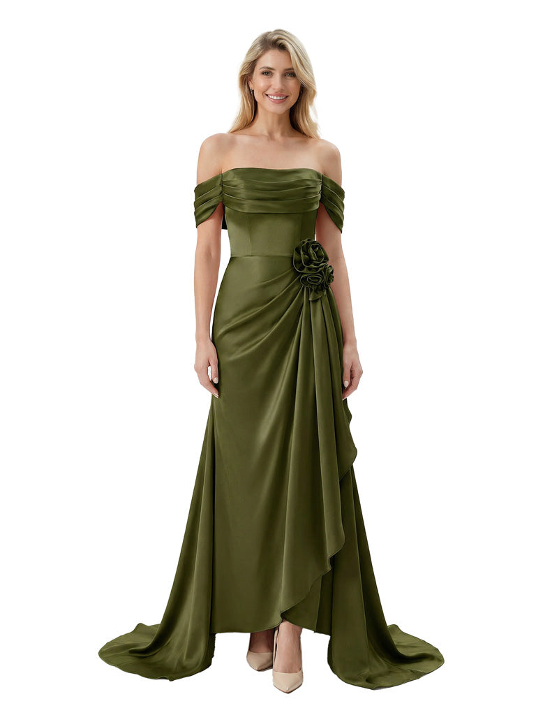 Off The Shoulder Ruching Satin Mother Of The Groom Dress Mermaid Maxi Gown With Floral Accent Train