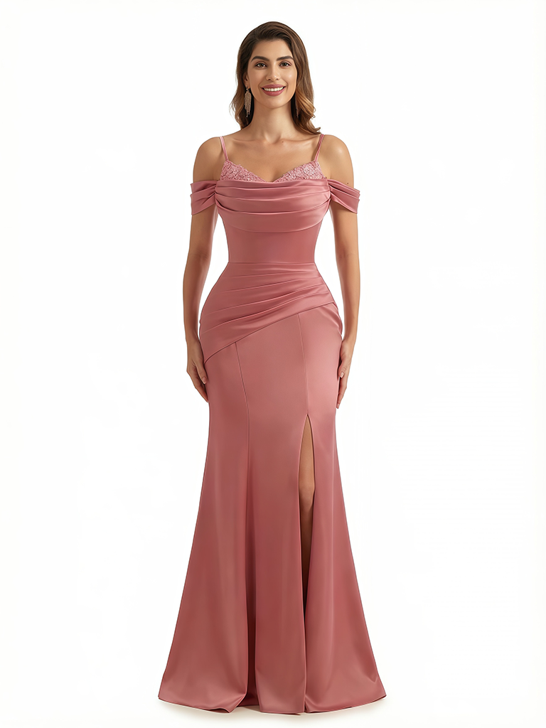 Sexy Cold Shoulder Mermaid Side Slit Silky Satin Maxi Formal Evening Dresses For Women