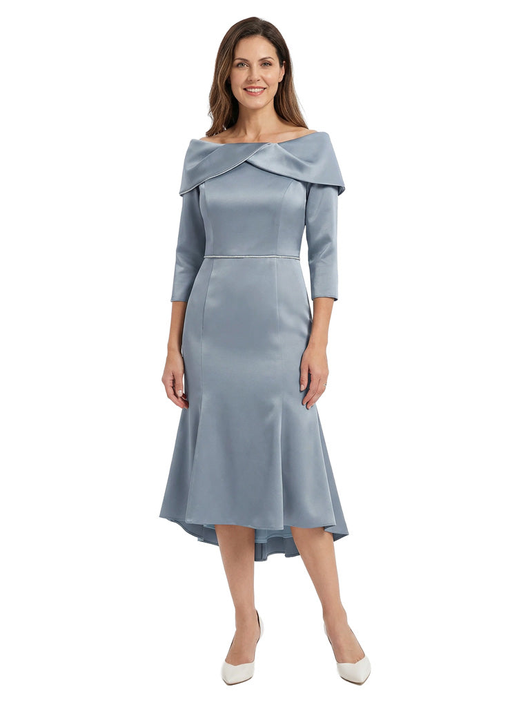 Classy Off Shoulder Satin Mother of The Groom Dress Tea-Length With Sleeves for Special Events