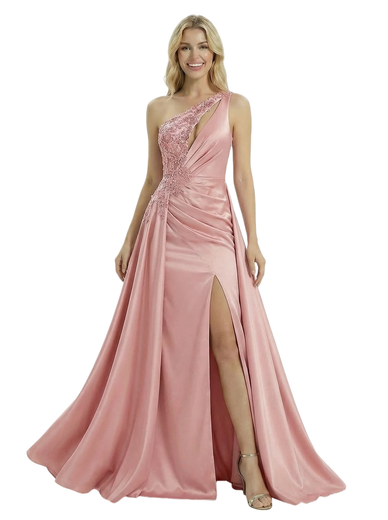 ChicSew One Shoulder Ruched Satin Lace Mermaid Maxi Long Evening Gown Slit Side Overlay