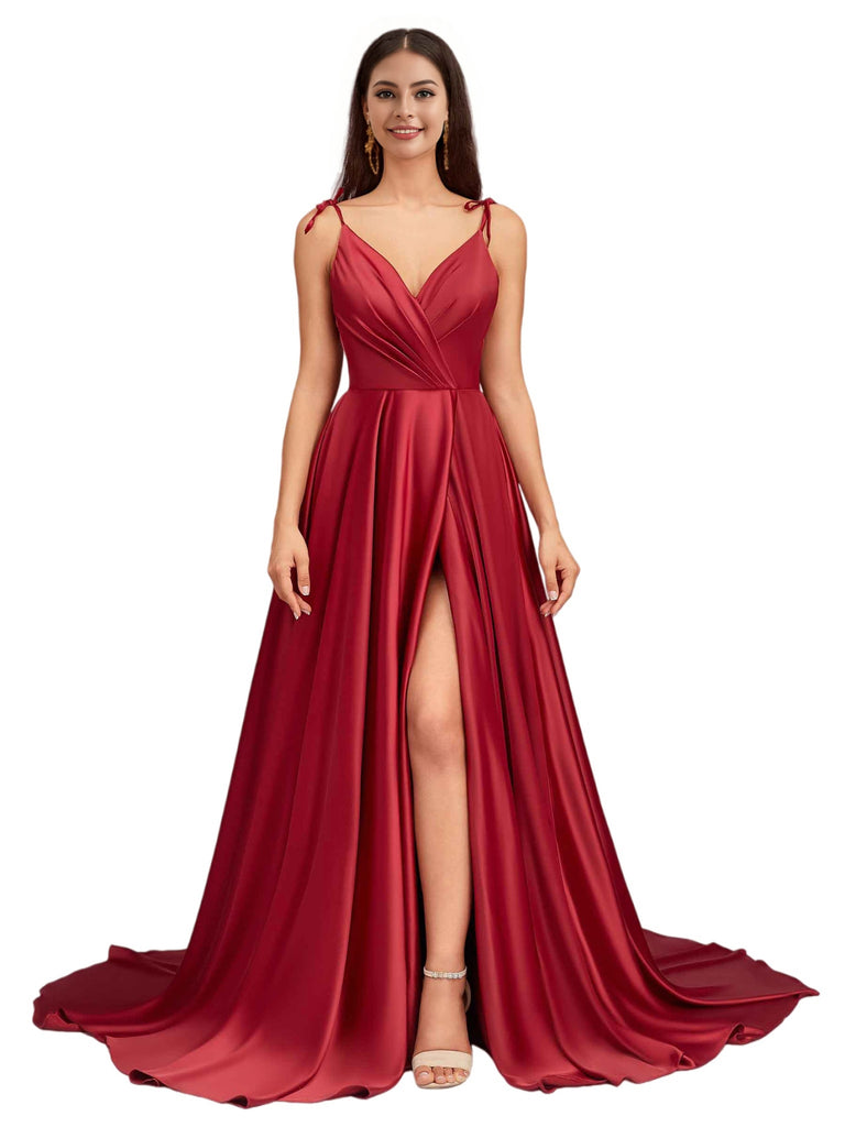 Sexy V-Neck Spaghetti Straps A-Line Side Slit Soft Satin Formal Long Bridesmaid Dresses