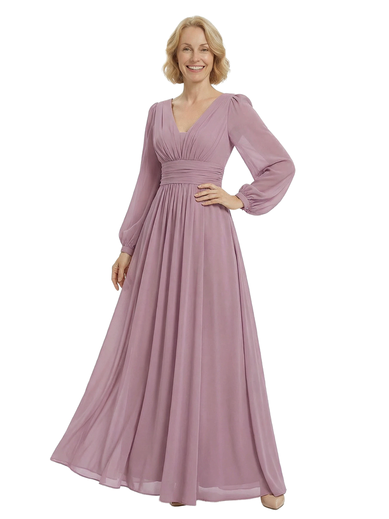 Chicsew Mother of The Bride Dresses V-Neck Long Sleeve Chiffon Maxi Gown Classy Ruched Formal Wedding Event Attire