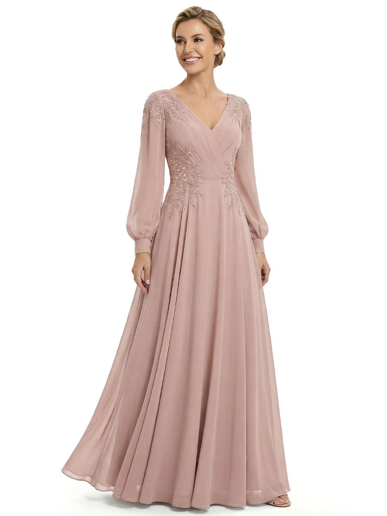 Beautiful Mother Of The Bride Dresses V-Neck Long Sleeves A-Line Formal Wedding Event Dress