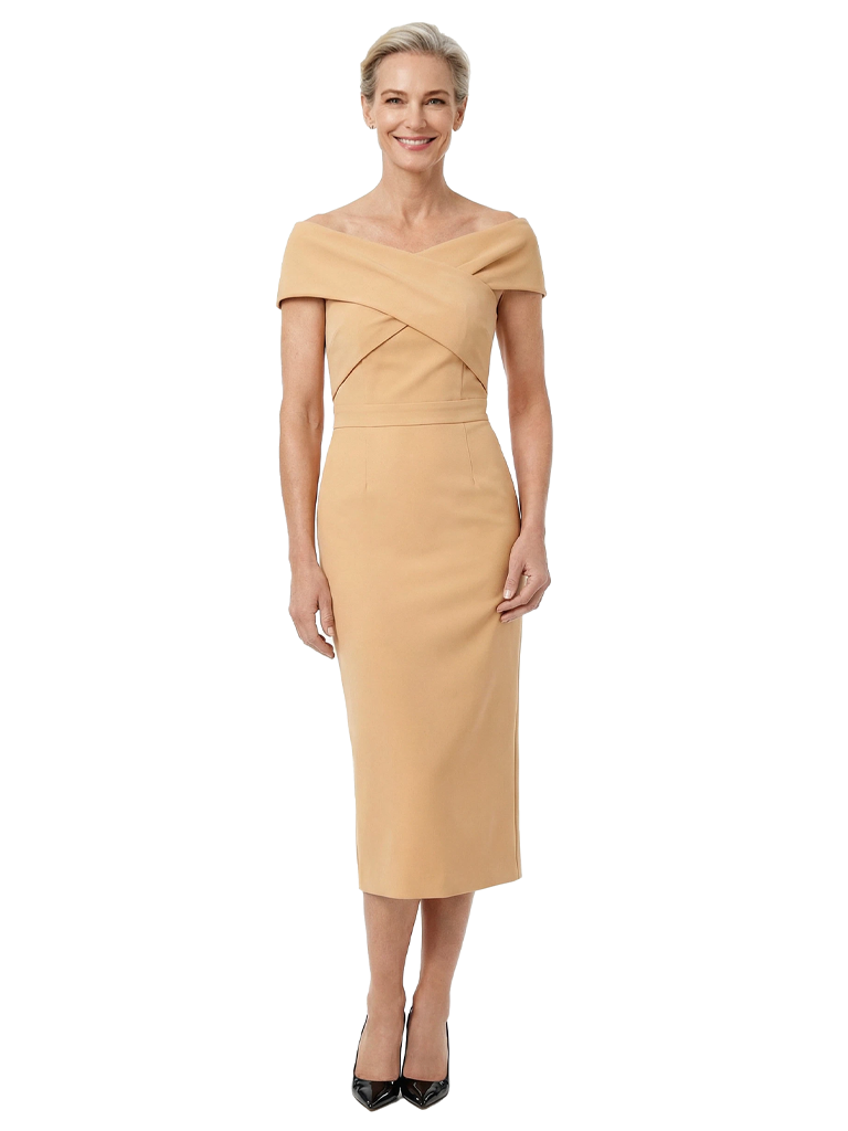 Chicsew Mother of The Bride Dress Classy Off Shoulder Crepe Sheath Midi Gown Modern Wrap Detail
