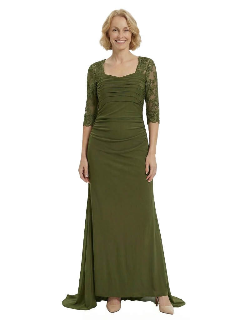 Chicsew Square 3/4 Sleeves Ruched Mother Of The Groom Dress Mermaid Fishtail Evening Gown