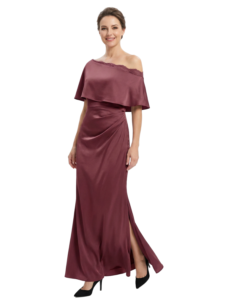 Chicsew Sexy Off Shoulder Satin Mother of The Groom Dress Lace Side Slit Mermaid Long Elegant Gown