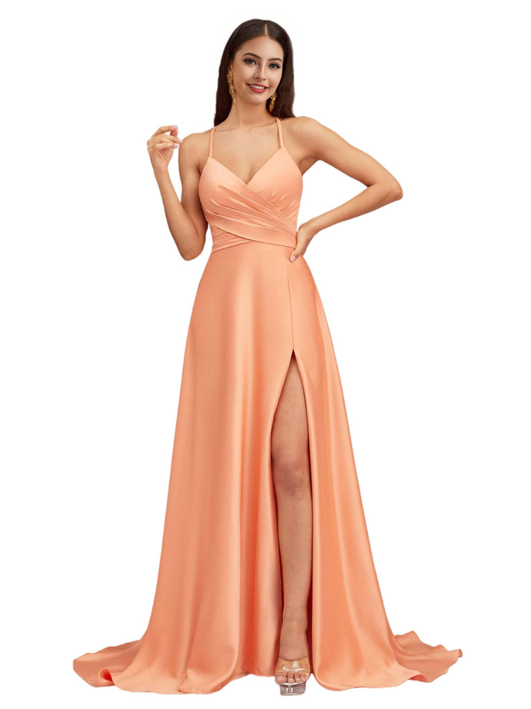 Sexy Spaghetti Straps A-Line Soft Satin Criss cross Side Slit Long Bridesmaid Dresses