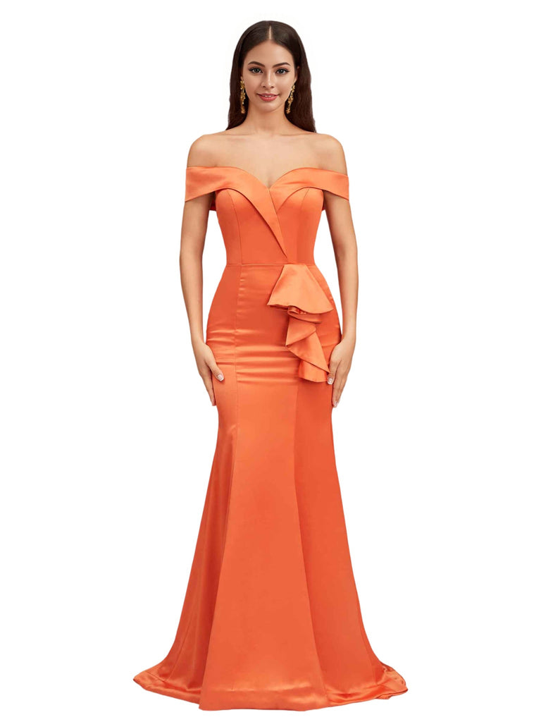 Sexy Off The Shoulder Mermaid Satin Long Bridesmaid Dresses Online With Bow