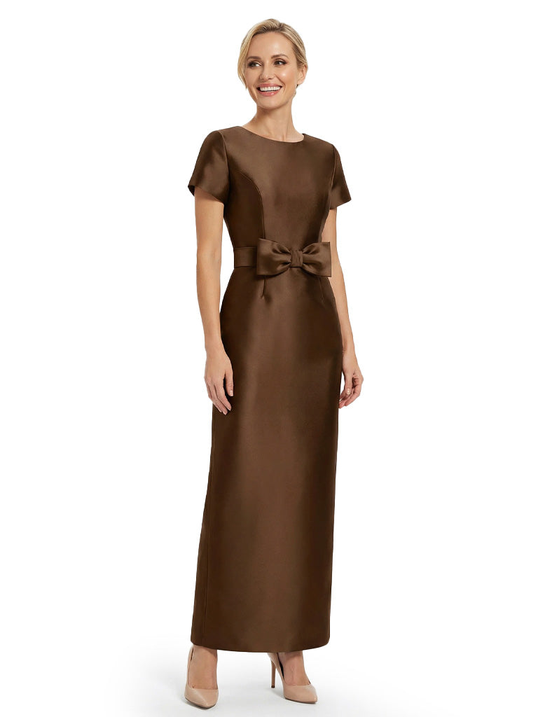 Beautiful Jewel Short Sleeves Satin Bow Knot Slit Sheath Mother Of The Bride Dresses
