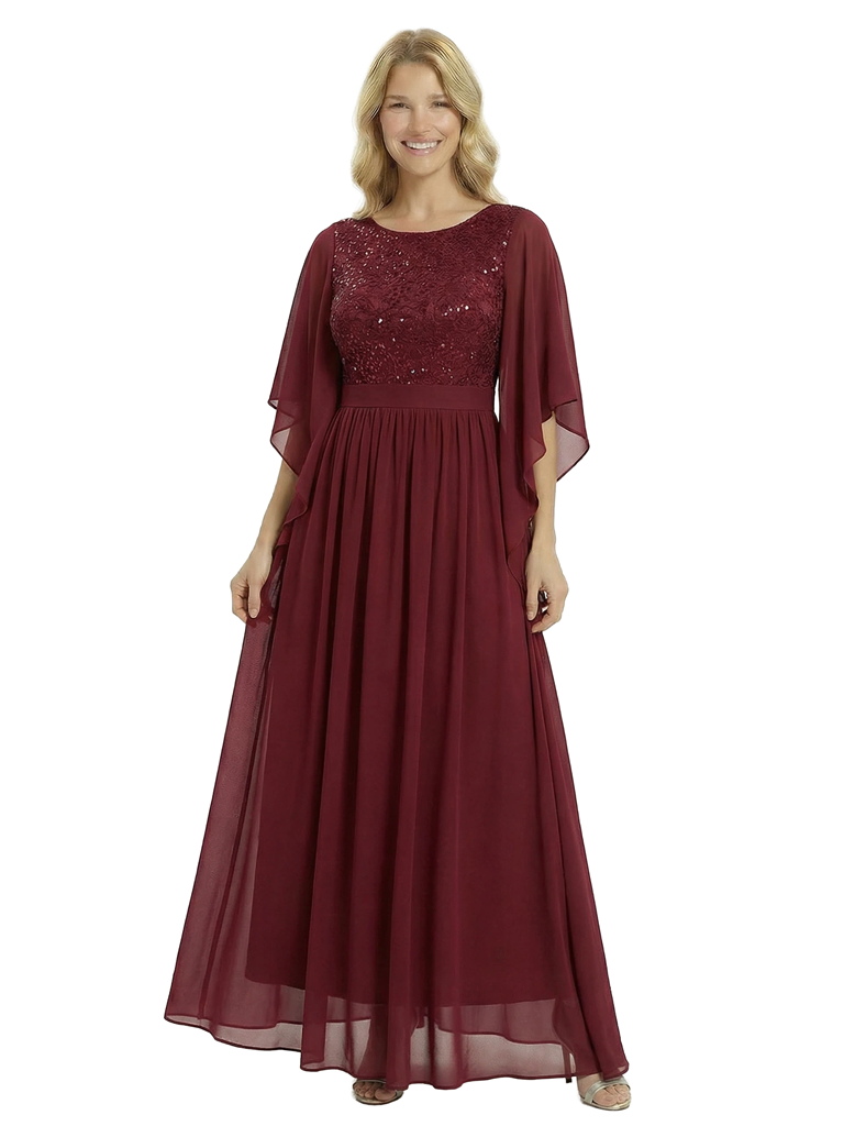 Chicsew Elegant Jewel 3/4 Sleeves A-Line Lace Appliques Chiffon Mother Of The Bride Dress