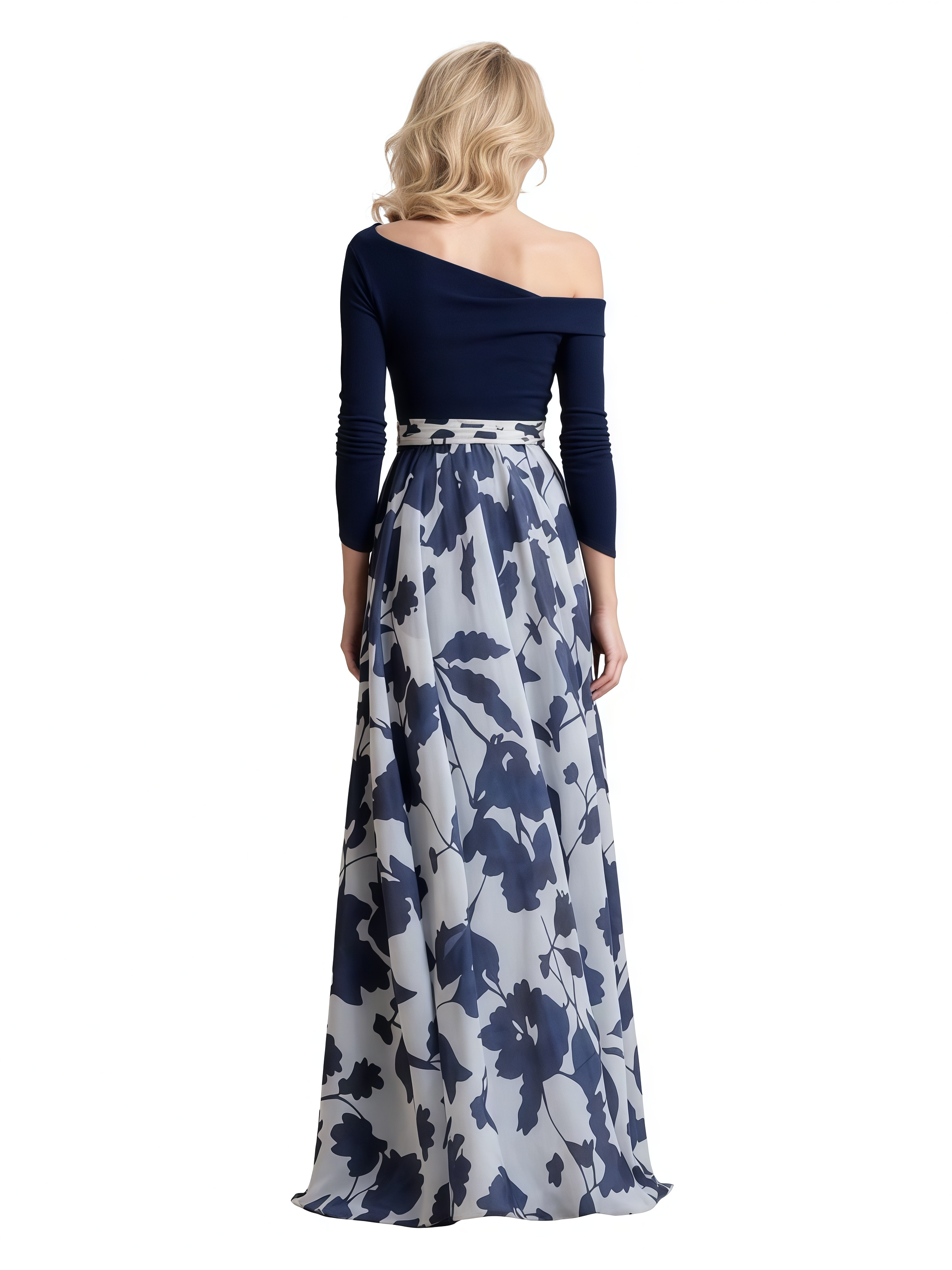 Elegant Dark-Navy Floral Chiffon Long Sleeves A-Line Long Mother Of The Bride Dresses