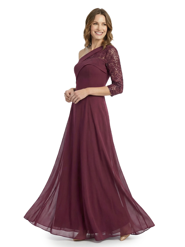 Chicsew Elegant One Shoulder 3/4 Sleeves Chiffon Mother of The Bride Gown