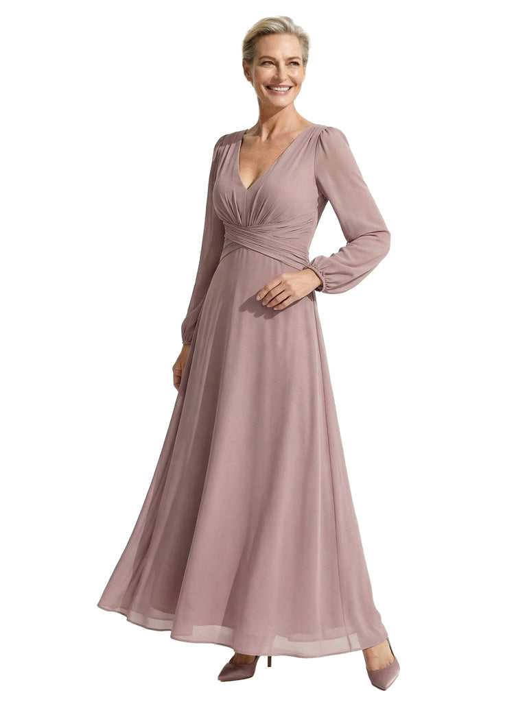 Elegant V-Neck Ruched Chiffon Mother Of The Bride Dress Long Sleeves Maxi Gown