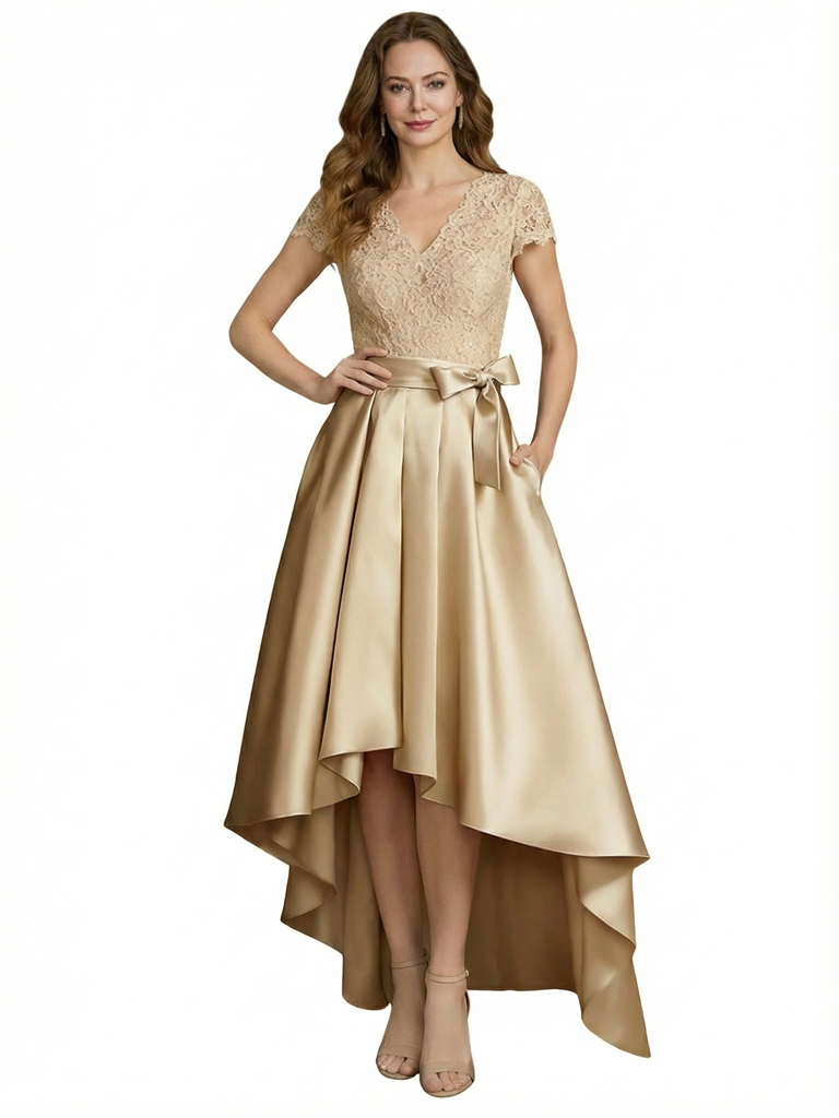 Elegant V-Neck Short Sleeves Lace A-Line High-Low Satin Mother Of The Bride Dresses