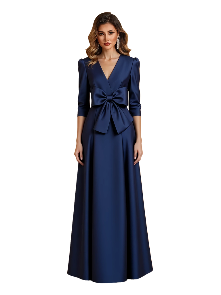 Elegant V-Neck Half Sleeves Satin A-Line Bow Knot Mother Of The Bride Dresses