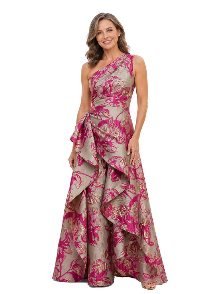 Chicsew Elegant Floral One Shoulder Ruched Ruffle A-Line Long Formal Evening Dresses