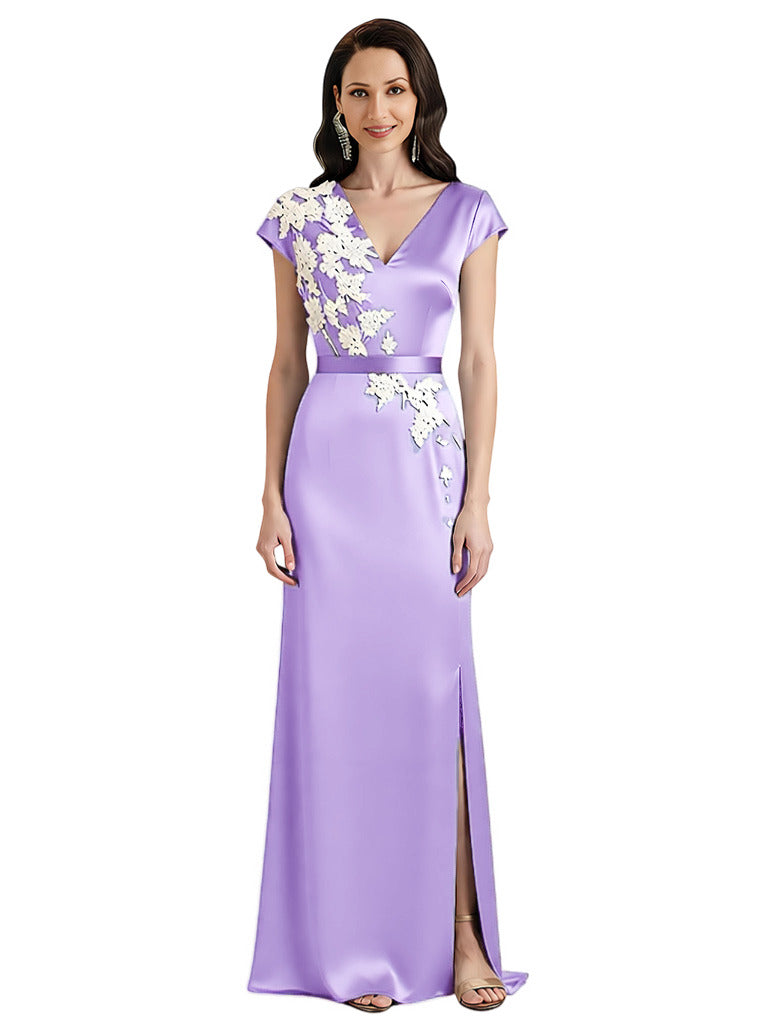 Elegant V-Neck Cap Sleeves Side Slit Satin Mermaid Floor-Length Mother Of The Bride Dresses