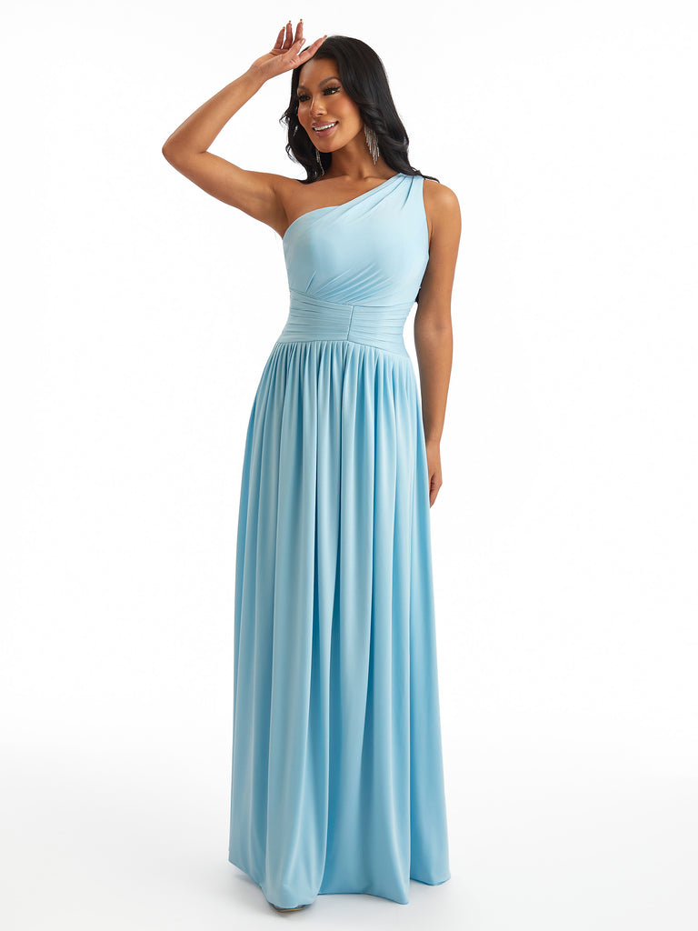 Sexy One Shoulder A-Line Stretchy Jersey Ruched Long Formal Bridesmaid Dresses